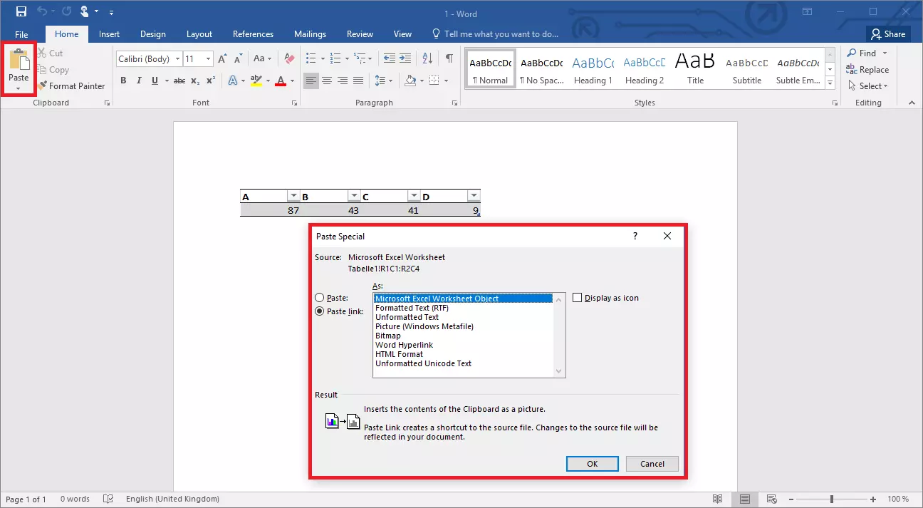 Menu for linking Excel and Word