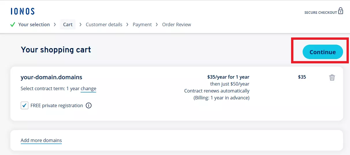 How to buy a domain name with IONOS: shopping cart 