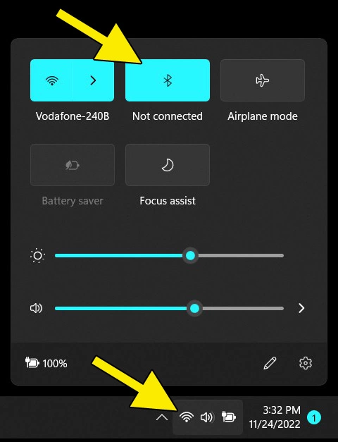 Network settings with Bluetooth button via the network icon in the taskbar