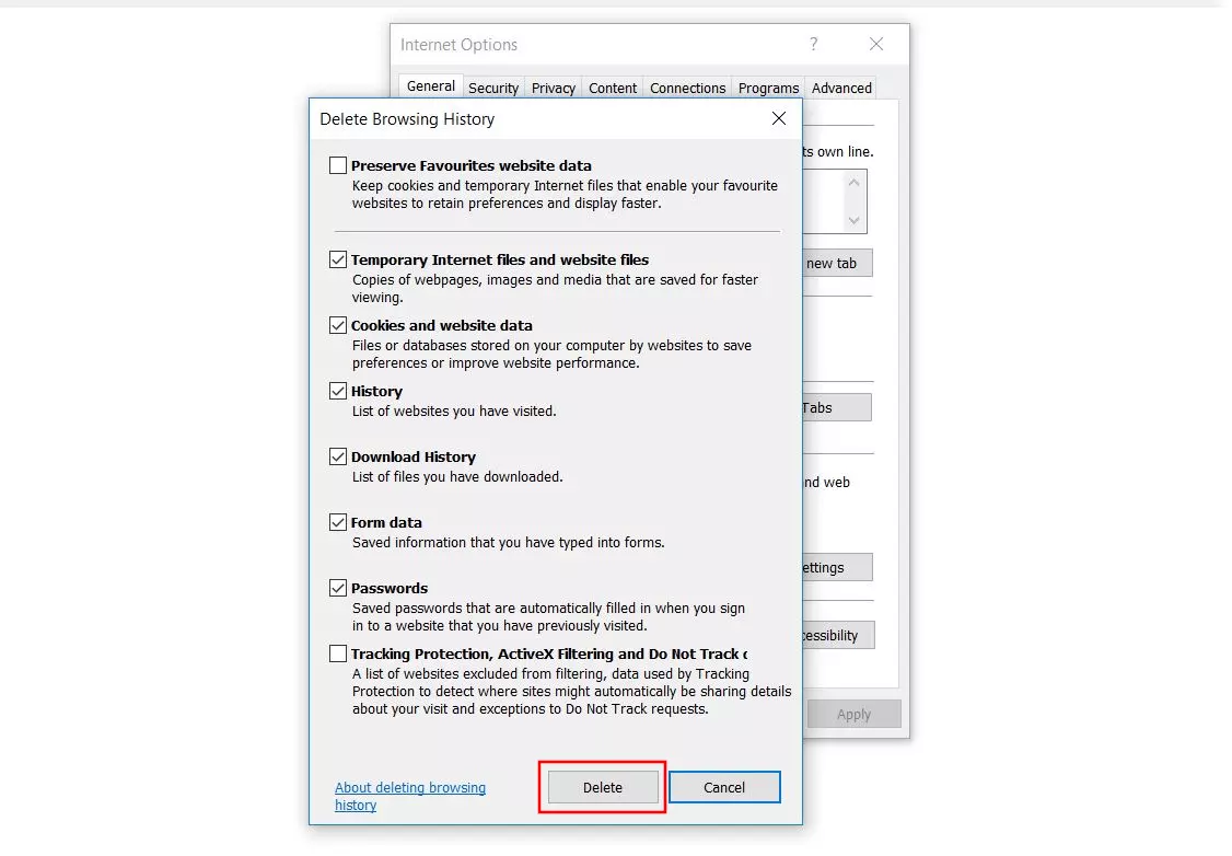 Internet Explorer: “Delete Browsing History” dialog