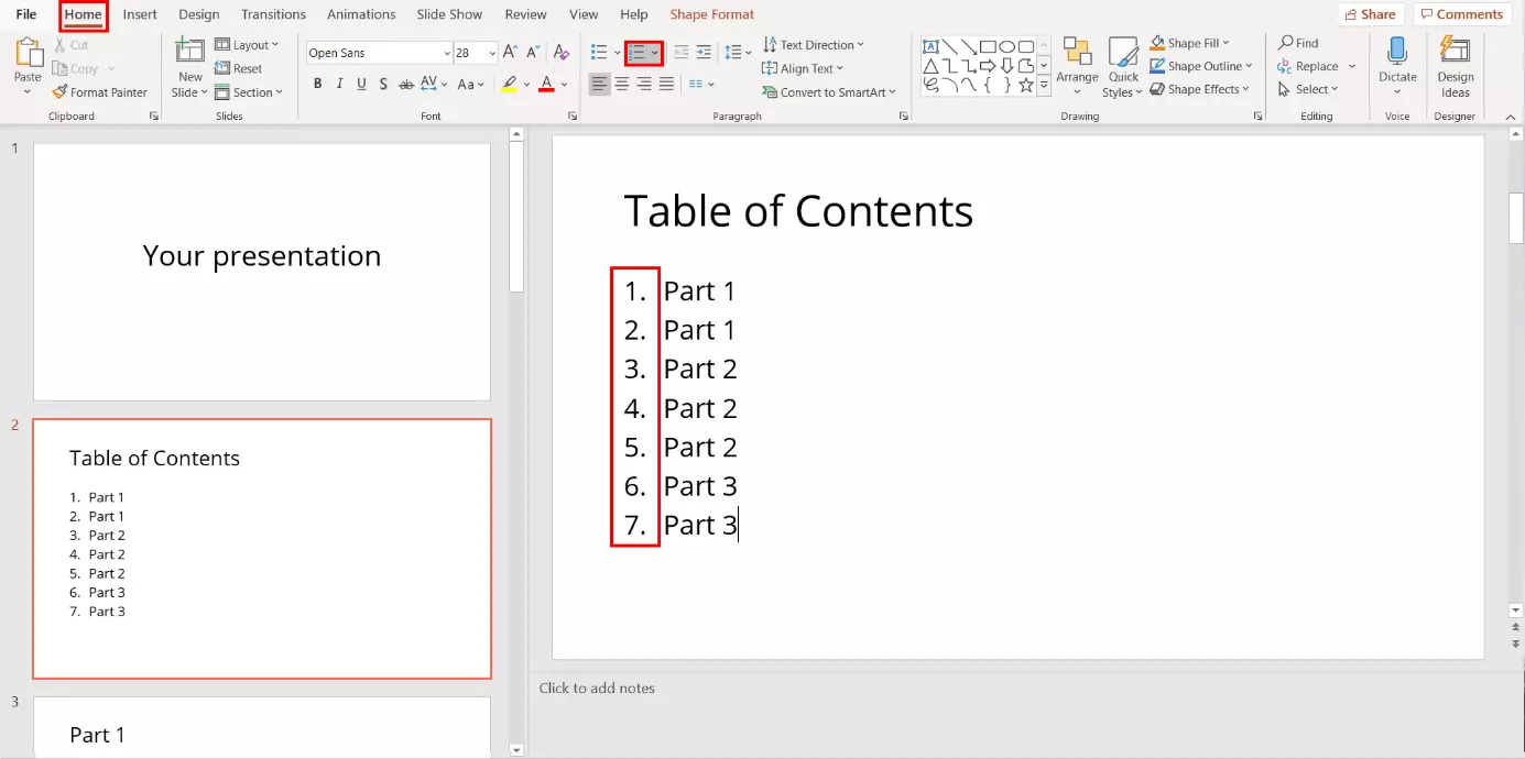 PowerPoint: numbering a table of contents