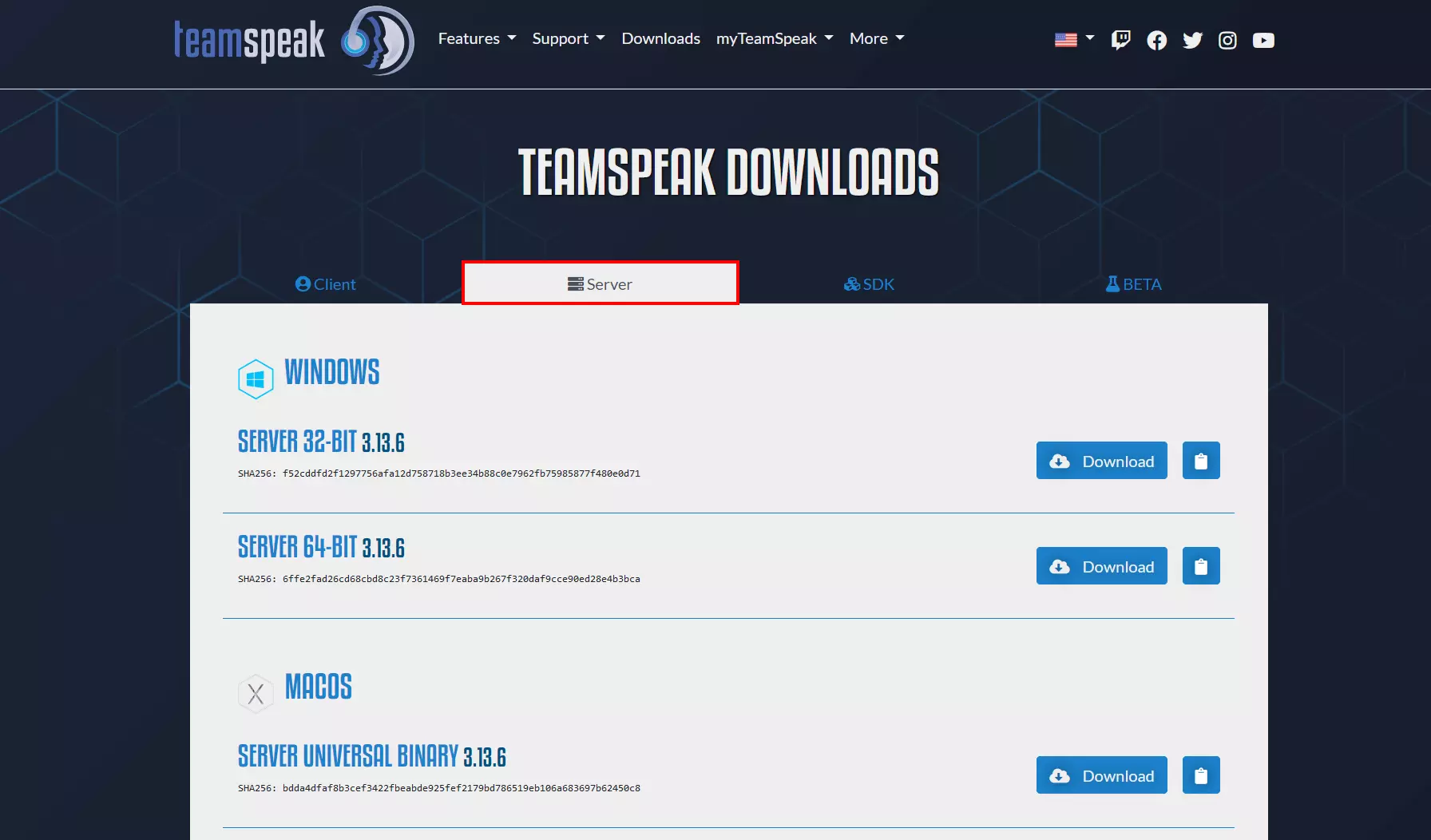 Screenshot of the TeamSpeak download center