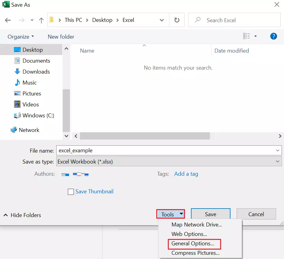 Excel for Windows: Tools button in the Save As dialog box