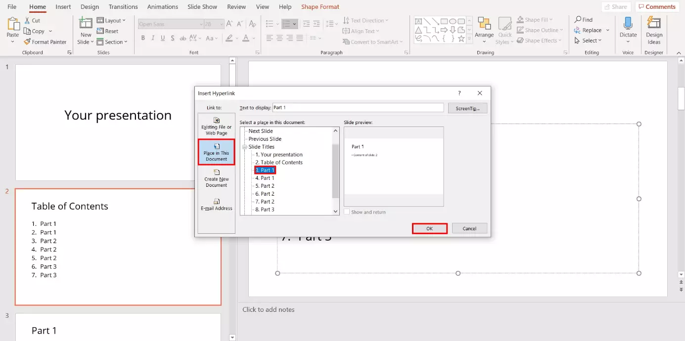 Linking a PowerPoint table of contents: “Insert Hyperlink” dialog box