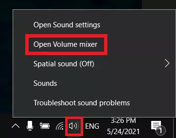 On Windows 10, right click on the speaker to open the settings and go to “Open Volume mixer”