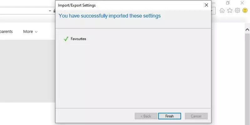 Importing Internet Explorer bookmarks: Success message