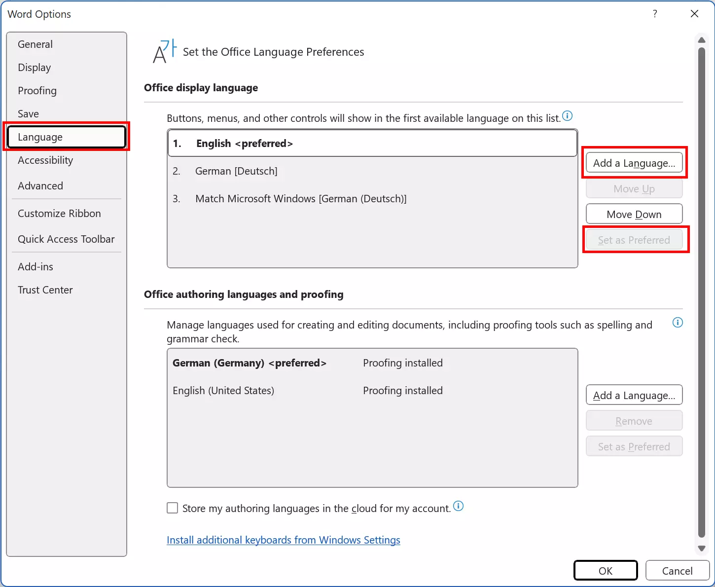 Language settings in Word