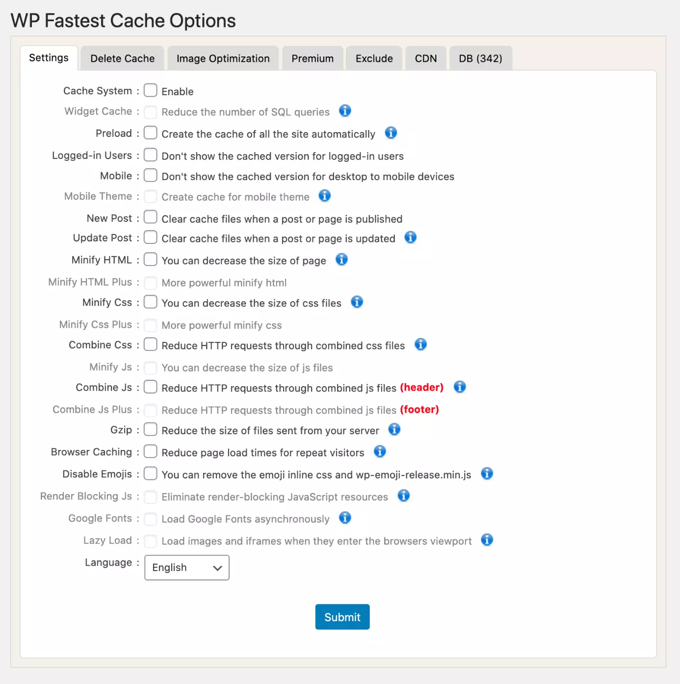 WordPress caching plug-in WP Fastest Cache settings interface in the WordPress admin area