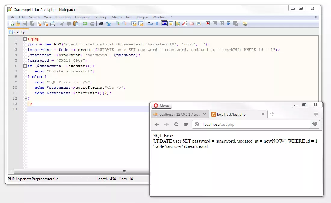 Display of an SQL error information