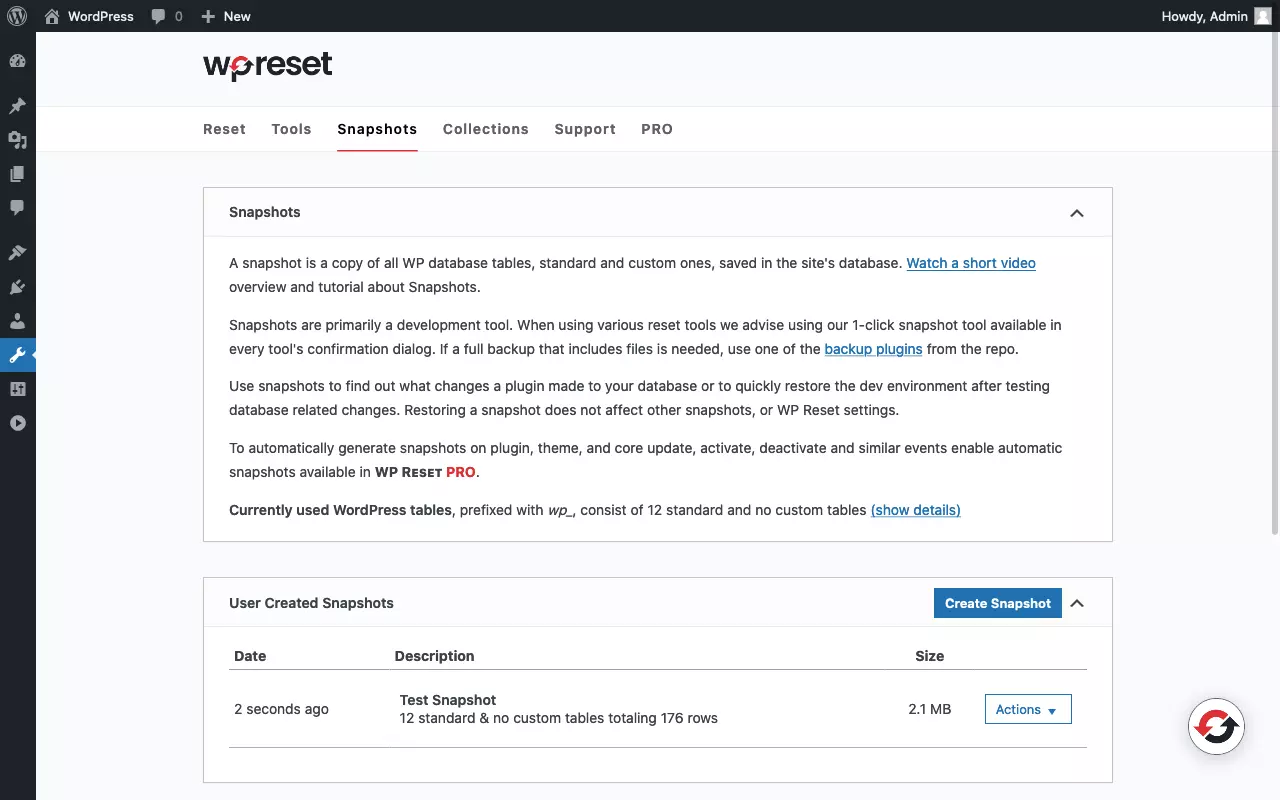 Screenshot of the WP Reset Plugin snapshot page