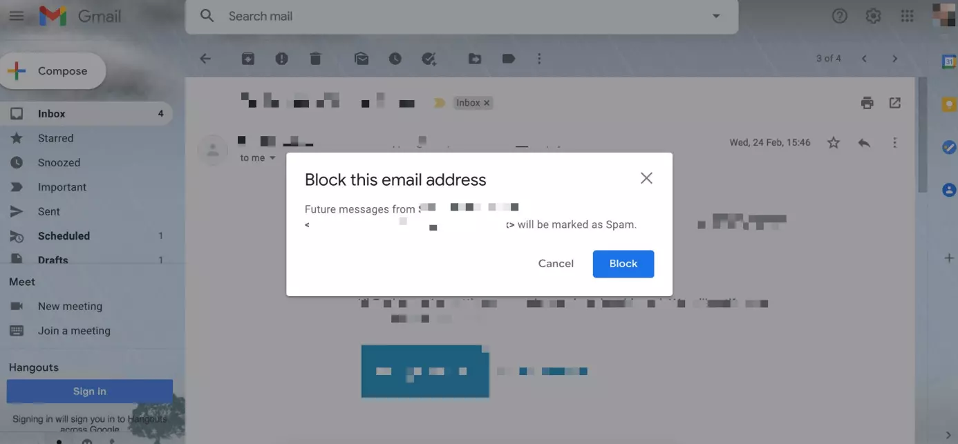 Gmail: “Block this email address” dialog