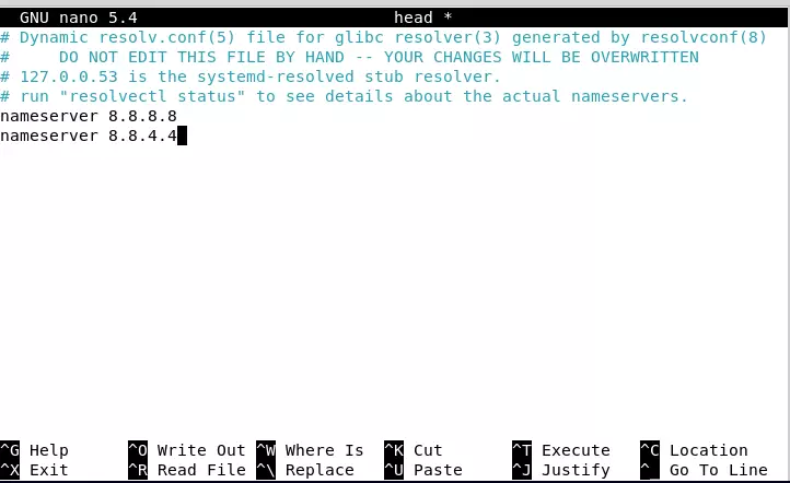 The resolvconf head document with Google’s DNS servers entered