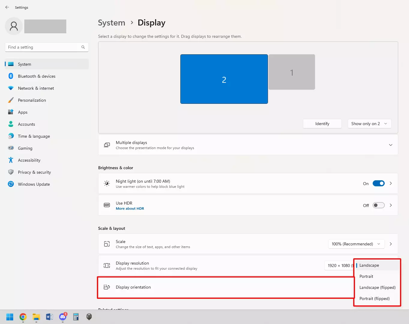 Screenshot of the display settings om Windows 11