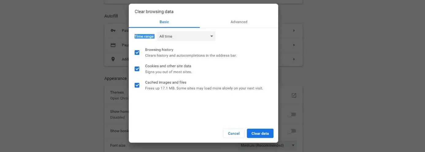 Window for deleting history in Google Chrome