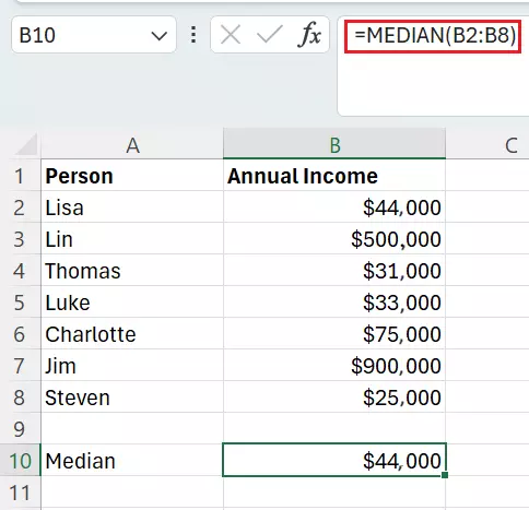 Excel: Calculate median with odd number of values