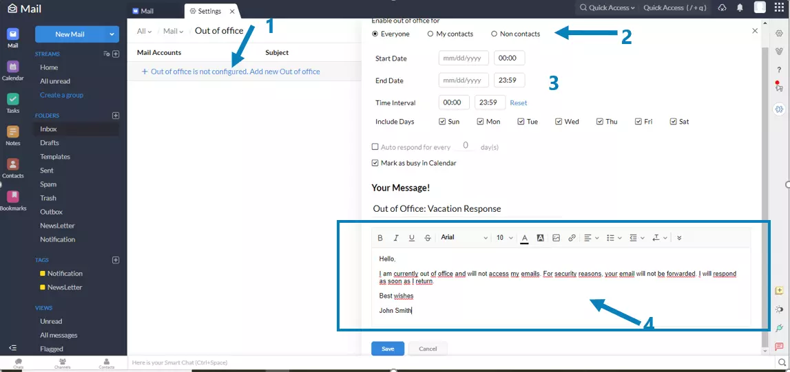 Zoho Mail: configuring out-of-office message