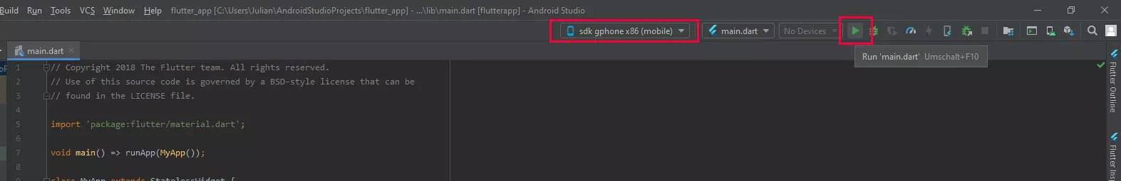 Flutter tutorial: interface for selecting a virtual test device in Android Studio