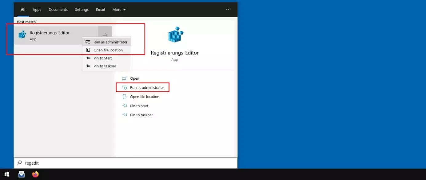 Windows 10: Search result for ‘regedit’