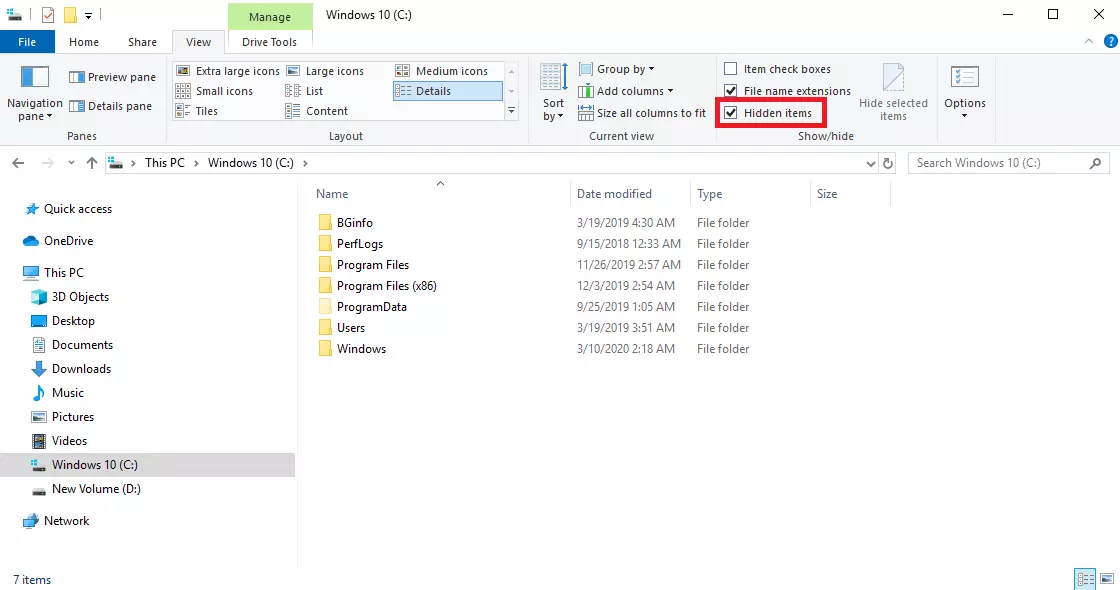 Showing hidden files and folders in Windows 10