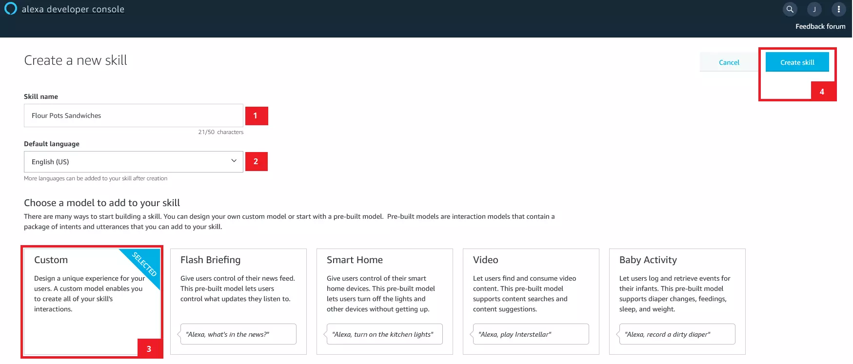 Alexa Developer Console: configuration dialog for creating a new Alexa Skill