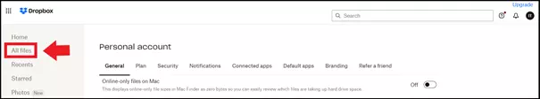 The “All files” area in Dropbox settings