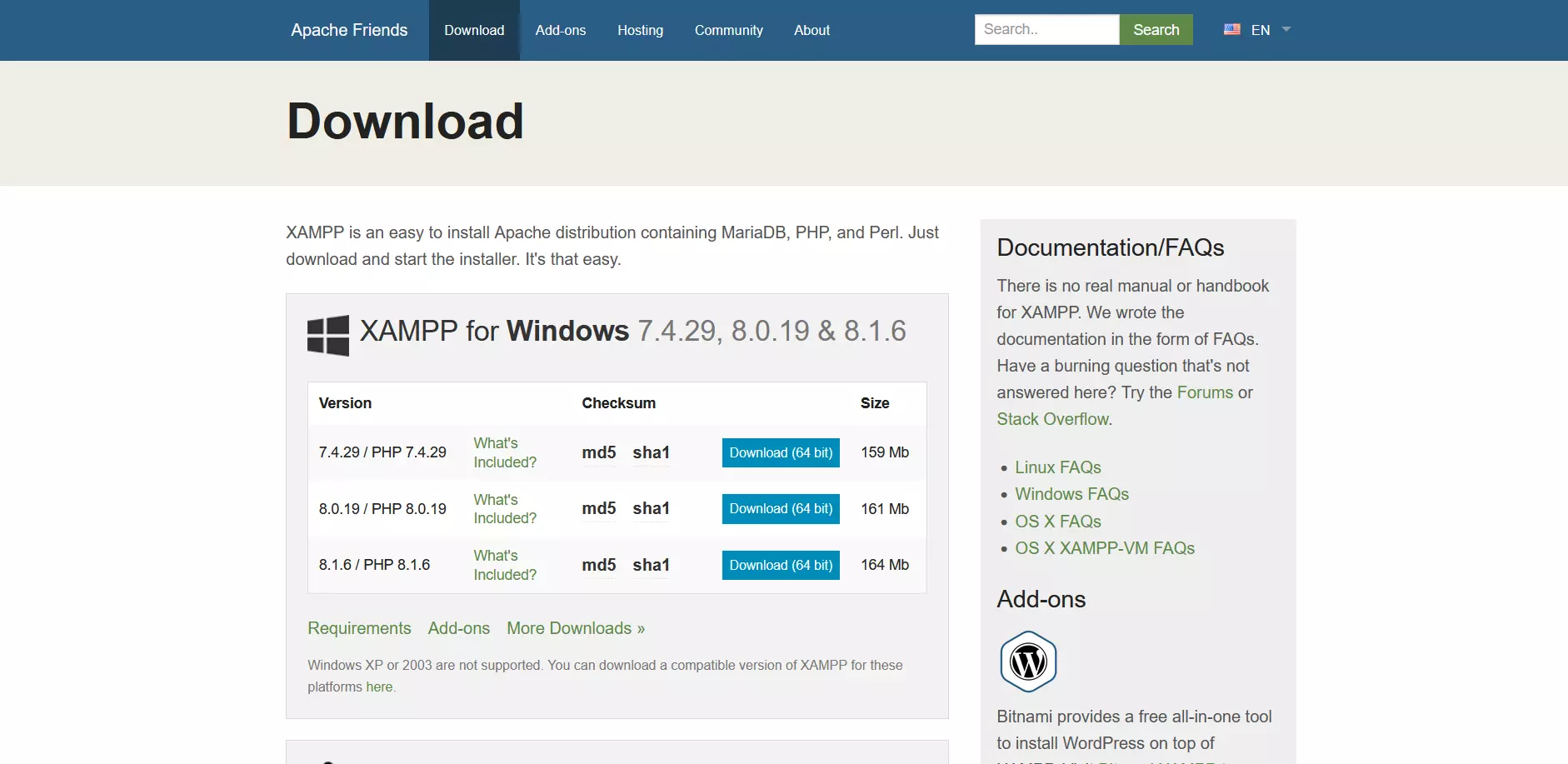 XAMPP download for Windows