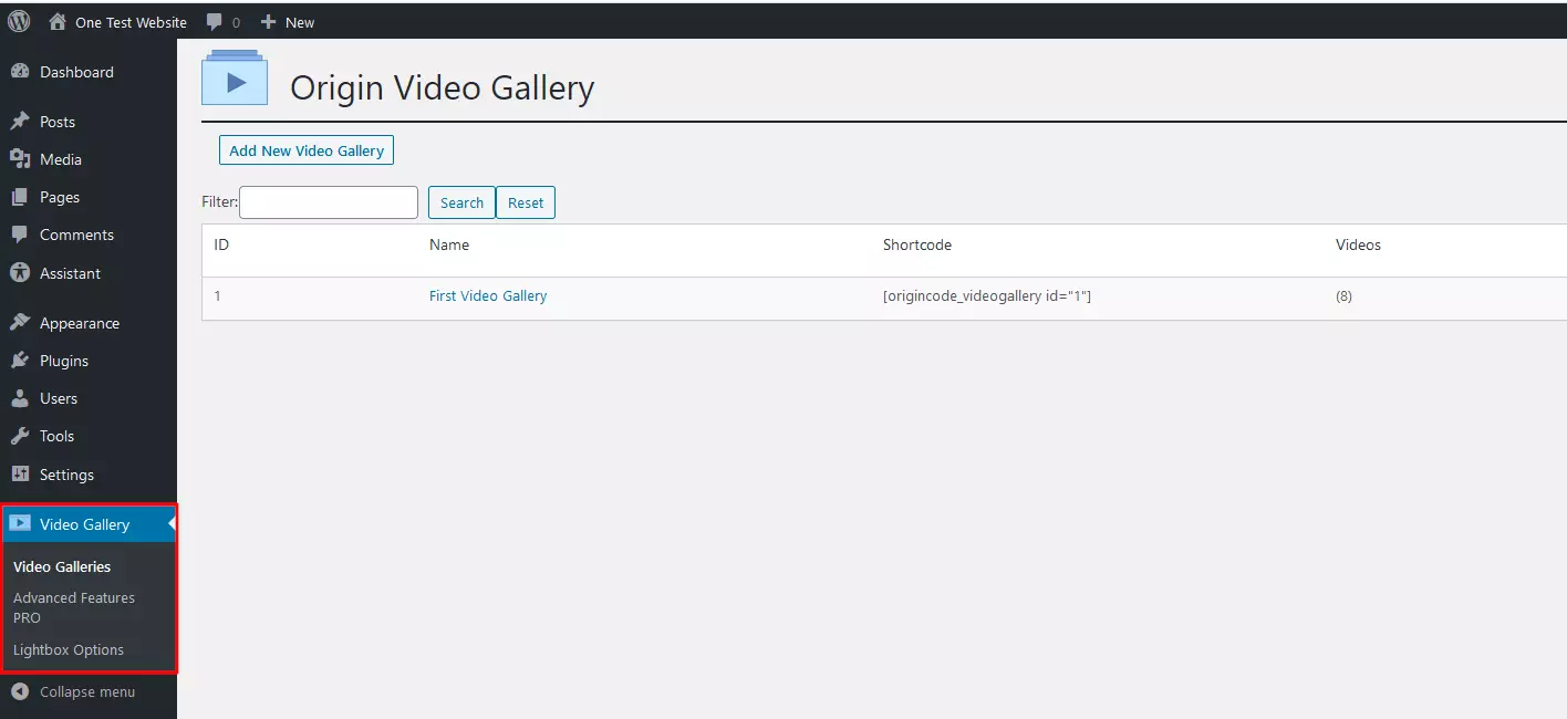 “Video Gallery” menu in WordPress