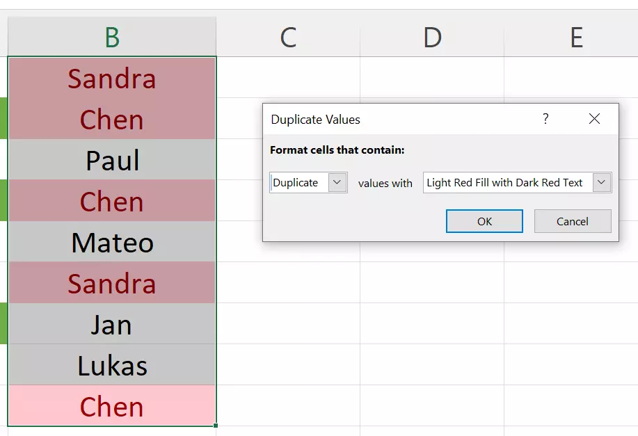 Formatting options for duplicate values