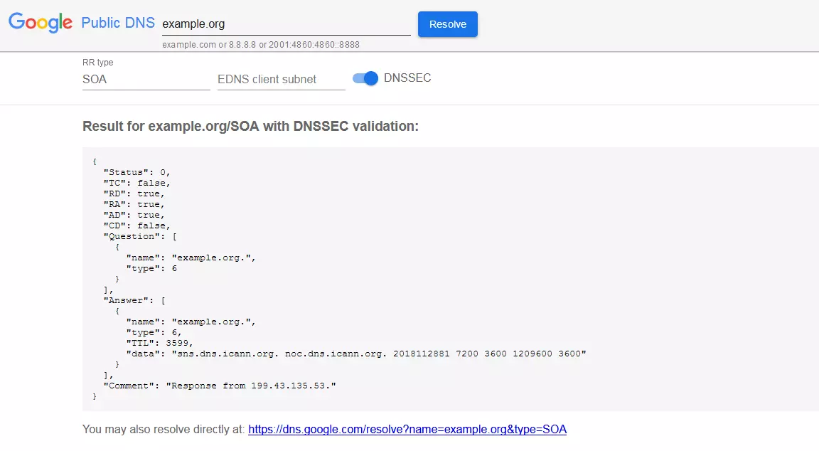 SOA record check with Google Public DNS