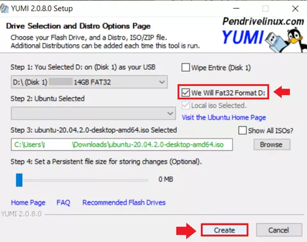 Complete the setup by specifying the file system to format and clicking “Create”.