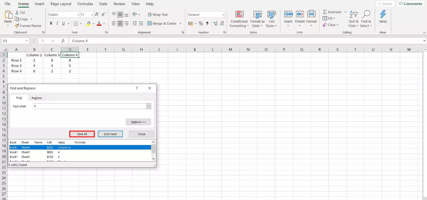 Excel Find feature: showing all results for a search term