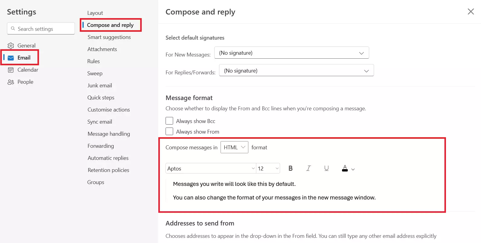 Set default font in Outlook on the web