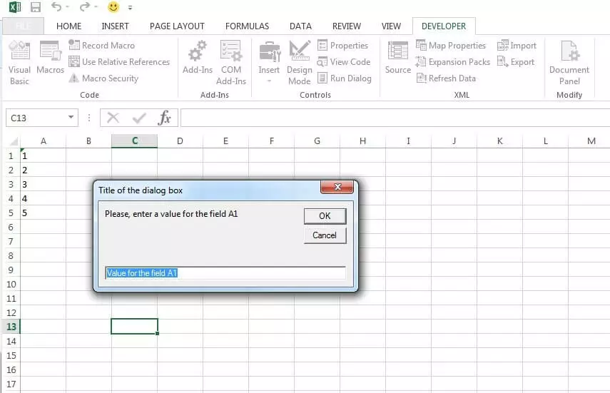 Macro-generated example dialog box for data input in Excel