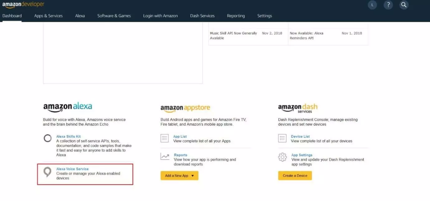 Amazon Developer dashboard