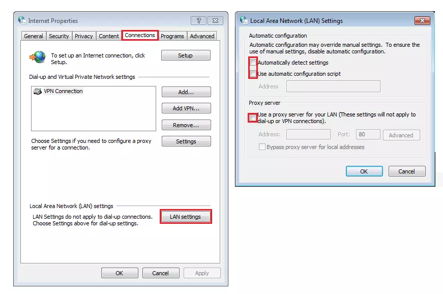 LAN settings in internet options