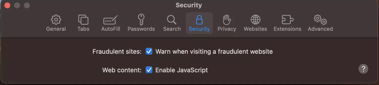 Screenshot of the security settings in Safari