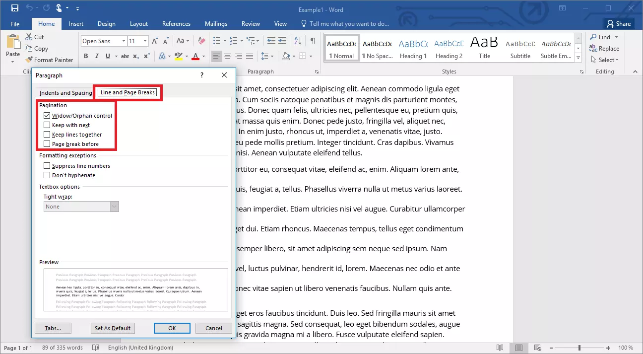 Pagination options in Word