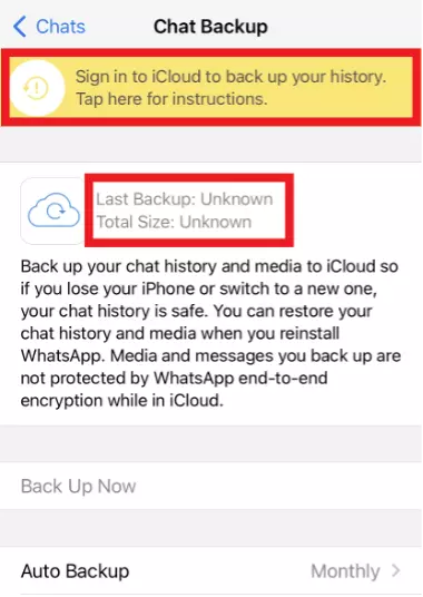 iPhone screenshot of WhatsApp’s “Chat Backup” section with a yellow box indicating a required iCloud login