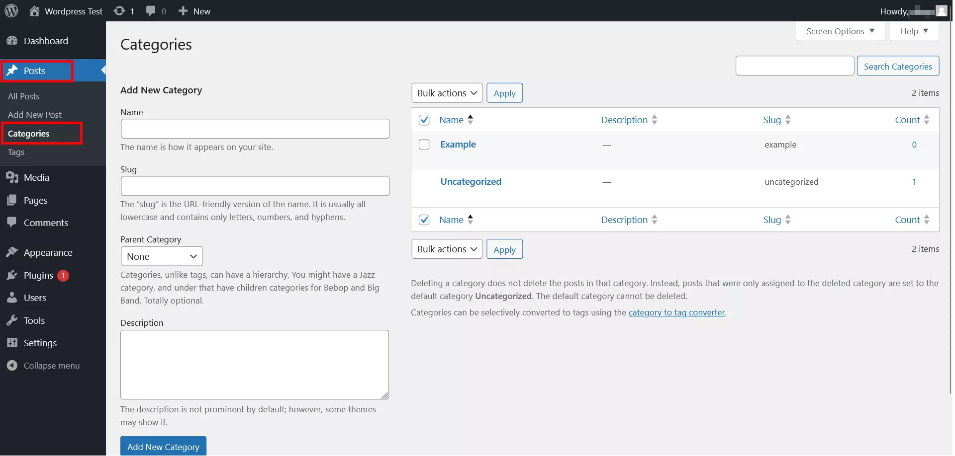 View of categories in the WordPress dashboard