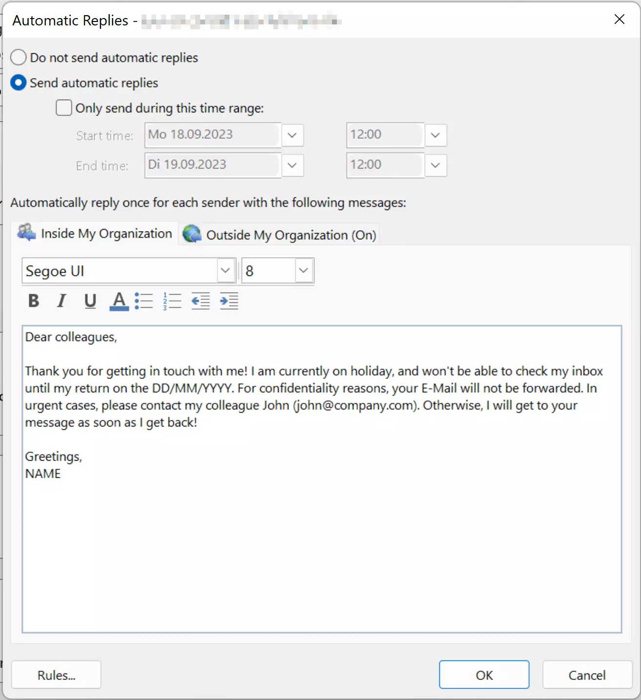 Window for setting up an Outlook away message