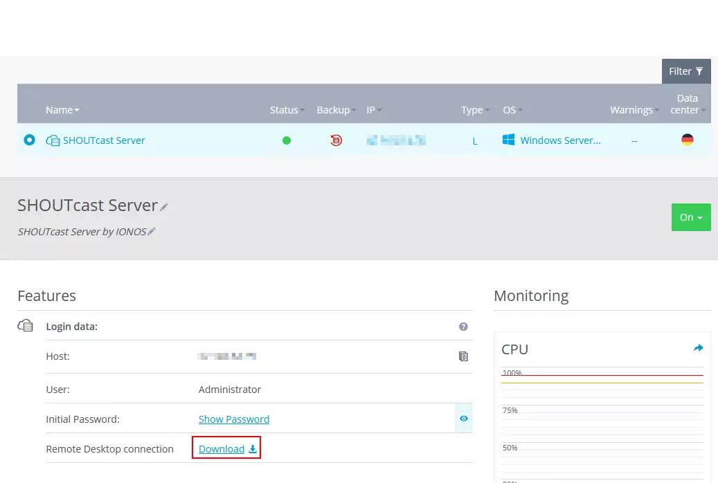 Screenshot of the server interface of an IONOS Cloud Server.