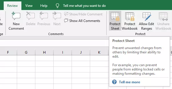 Menu: “Review” > “Protect Sheet”