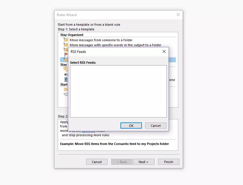 The Outlook Rules Wizard: selecting the feed