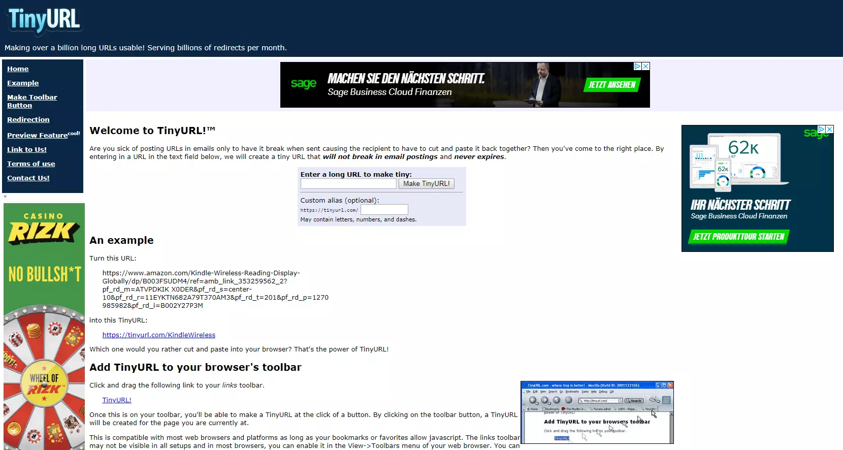 Screenshot of the TinyURL homepage