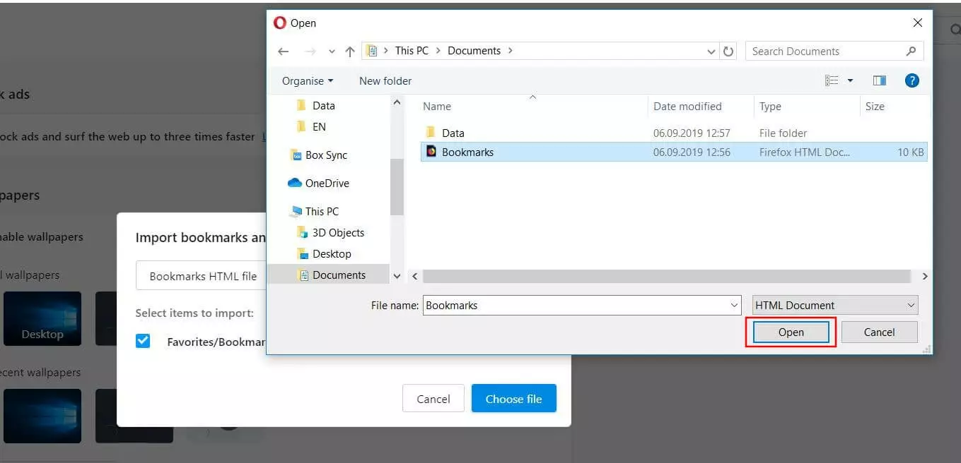 Opera: Specifying the location of the bookmarks HTML file]