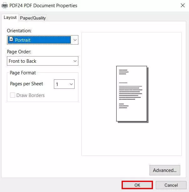 Convert ODT to PDF: Advanced settings of the PDF printer