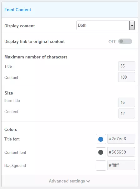 FeedWind configuration menu for the customization of content