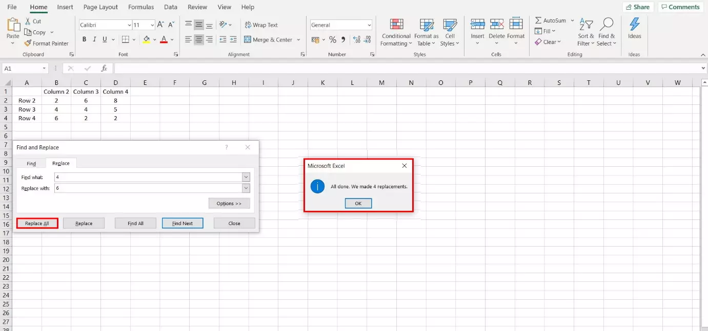 Excel: Find and Replace notification after successful replacement