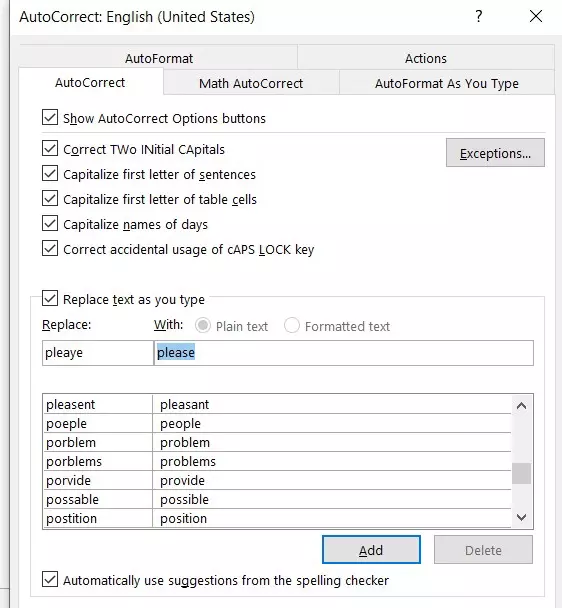 Outlook for Windows: AutoCorrect options