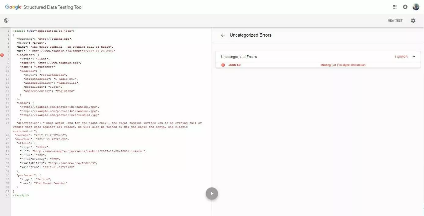 Google Structured Data Testing Tool after validation: syntax error located